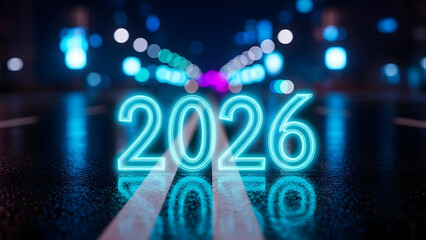 Neon 2026 on highway with blue lighting and bokeh effect for new year celebration