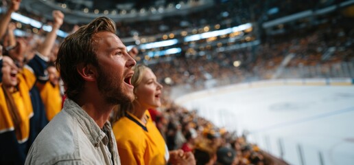 Ice hockey fans cheering inside packed arena. Concept of sports event promotion, fan engagement campaigns, broadcast crowd visuals, team marketing materials, live game atmosphere content.