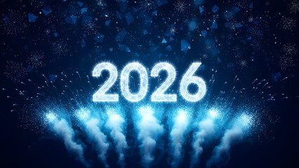 New Year 2026 Celebration with Sparkling Fireworks in Dark Blue Night Sky with Bright White Lighting for Calendar Design