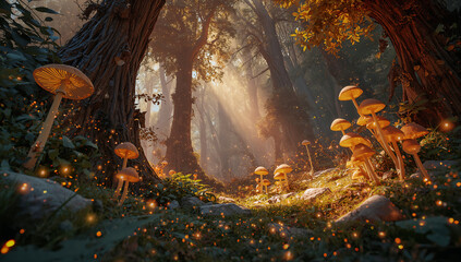Magical glowing mushrooms illuminate a dark forest path bathed in ethereal sunbeams creating an enchanted scene