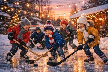 Children playing ice hockey outdoors during winter holidays. Concept of seasonal lifestyle content, family traditions, holiday recreation visuals, winter sports promotion, festive marketing materials.