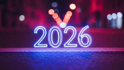 Neon 2026 sign in vibrant blue color with checkmark on dark background with bokeh lights for new year celebration