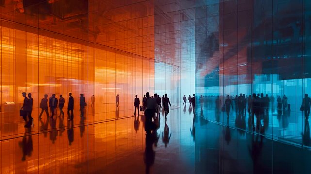 Crowd of people walking through a modern glass corridor split by orange and blue lighting creating a dynamic urban technology driven atmosphere