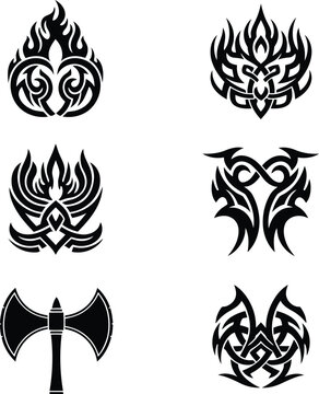 Vector set of viking battle axe and tribal flame ornaments with celtic knots for tattoo design and warrior logo icons.