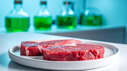 Raw Lab-Grown Beef Steaks in Biotechnology Lab