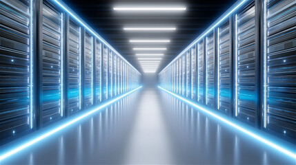 Futuristic data center corridor with rows of server racks and blue lighting, creating a clean high-tech perspective for cloud computing, cybersecurity, and AI infrastructure themes.