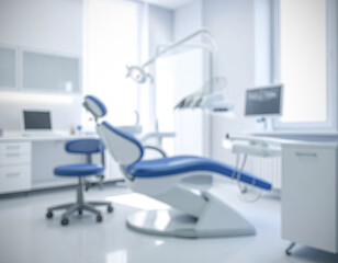 Blurred dental office with chair, equipment, & bright window
