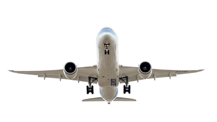 Airplane on transparent background, isolated white aircraft flying high