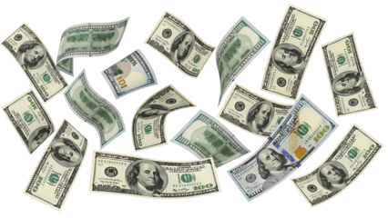 Flying dollar bills on transparent background