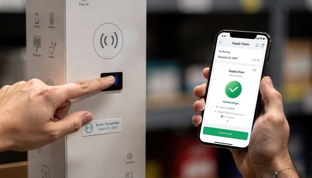 Closeup medium shot of a person tapping an NFC tag on a product package highlighting seamless smart traceability technology for batch tracking and enhanced supply chain