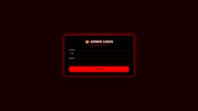 Animation displays an admin login window where username and password fields are shown. The scene highlights system hijacking with detailed visuals of digital activity.