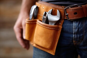 Work belt with tools held by a person in jeans