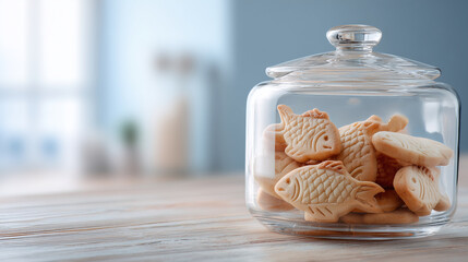 cookie jar with cat’s cookies in shape of fish, simple kitchen background with copy space 