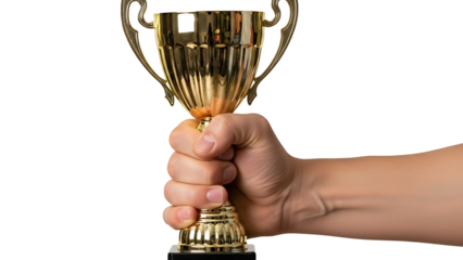 Hand holding golden trophy on transparent background