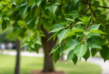 Obraz premium Lush green leaves, blurred background, park setting, fresh air, cool breeze, trees, vibrant