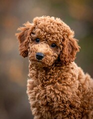 Portrait of a young dog with curly, reddish-brown fur, gazing with a sweet, curious expression against a soft-focus background