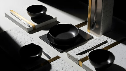 Minimalist fine dining concept featuring sleek black matte tableware set against textured white concrete and bold gold accents under dramatic studio lighting