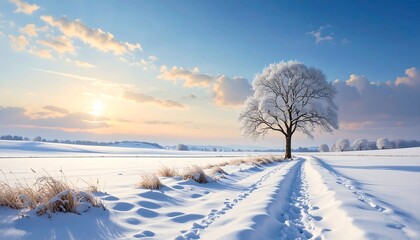 Snowy field with tree and path