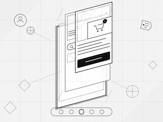 Digital shopping interface shows products and cart details while displaying user icons and design elements