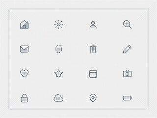 Collection of common icons used for user interface design in apps and websites in a grid format showing various functions