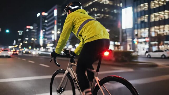 Rear view of a cyclist riding a road bike at night in the city. Commuter wearing a high-visibility neon yellow jacket and helmet. Urban night cycling with bokeh lights