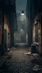 Fototapeta premium Dark urban alleyway with old brick walls, a fire escape, and scattered trash under dim streetlights at night, creating a mysterious and gritty atmosphere.