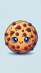 Playful cartoon cookie character with big eyes on a soft blue background.
