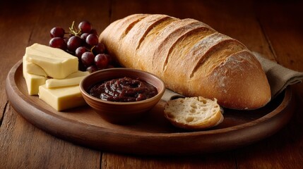 A rustic cheese platter displays golden butter slices, a crusty loaf of bread, juicy grapes, and a bowl of sweet fruit spread. Perfect for a cozy gathering or casual dining