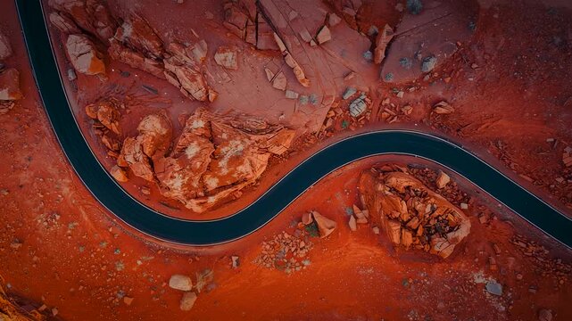 Aerial view of winding blue river cutting through red rocky terrain with rugged textures and natural erosion patterns under warm desert light