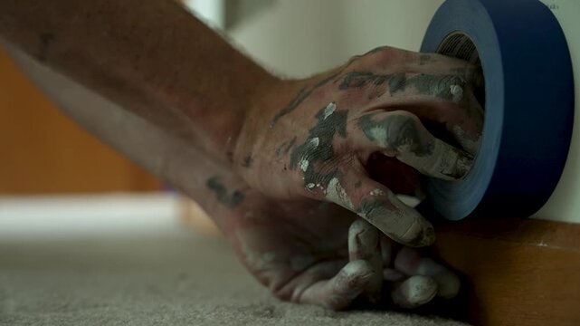 A painter carefully applies blue masking tape along the baseboard to ensure crisp, clean edges, highlighting the precision, craftsmanship, and detailed prep work behind a professional paint job.