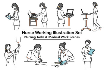 看護師が医療現場でさまざまな業務を行う様子を描いたイラストセット｜記録や点滴や処置など看護業務を分かりやすくまとめた医療シーン集