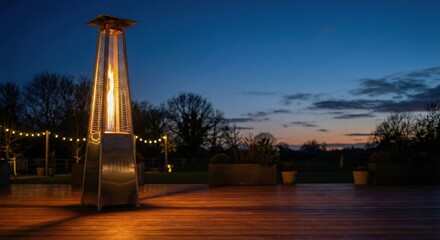 Outdoor patio heater glows warmly at dusk, creating inviting ambiance for evening gathering space