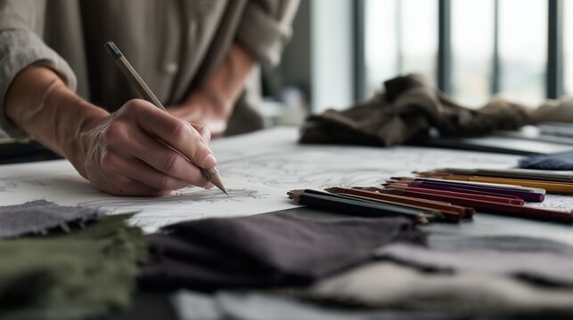 Creating designs at a workspace with various fabric swatches and drawing tools