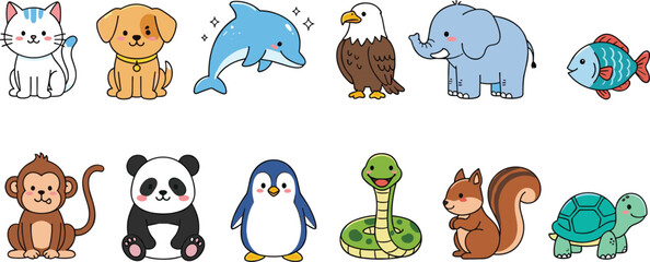 Set of cute cartoon vector animals including cat dog panda and elephant isolated on white background for children education © Arman World