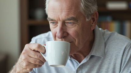 Senior man enjoys a quiet moment sipping coffee at home, relaxed and thoughtful in a cozy setting