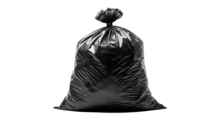 Full black plastic garbage bag tied at top isolated on white background for waste disposal concept
