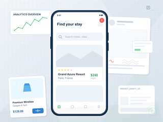 Mobile application displays hotel options and analytics overview in a digital layout