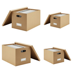 Brown cardboard file boxes with white labels isolated on a transparent background