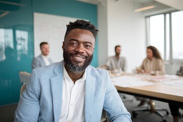 Smiling african american businessman sitting in meeting room with team