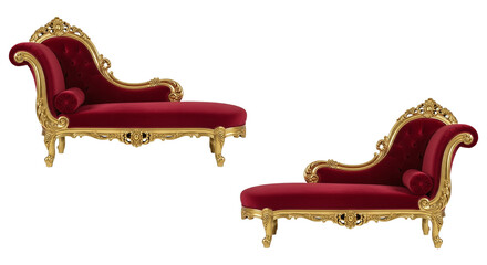 Luxurious gold framed red velvet chaise lounges isolated on a transparent background