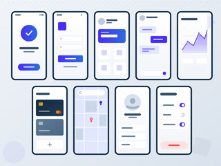 User interface screens display different app features and design elements for mobile devices