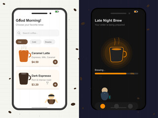 Choose your favorite coffee and track your order with a mobile app showcasing different brews and a brewing progress indicator