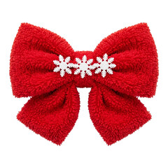 Red fuzzy bow with white snowflakes isolated on a transparent background