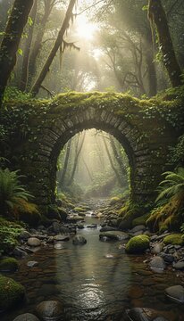 Ancient stone arch bridge covered in moss spans a tranquil stream flowing through a mystical, sun-drenched forest with ethereal light.