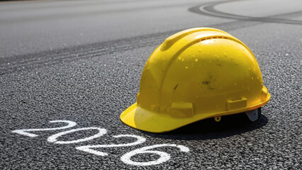 Yellow Hard Hat on Asphalt with 2026 Year Marking Construction Site Safety