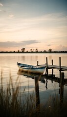 Fototapeta premium Old wooden boat gently floats by a wooden dock on a serene lake at sunset, reflecting the warm colors of the sky and distant trees.
