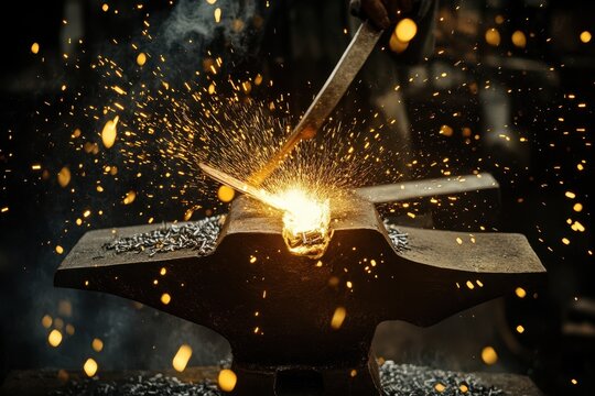 Blacksmith forging a sword with sparks flying in a traditional workshop during sunset - Powered by Adobe