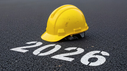 Yellow hard hat on asphalt with 2026 painted numbers, symbolizing construction or work safety in the future year twenty twenty six.