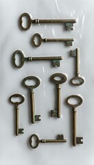 Fototapeta premium Collection of antique brass skeleton keys with verdigris patina arranged neatly on a textured surface, evoking a sense of history and mystery.
