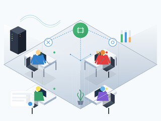 Visual representation of team members collaborating in a modern workspace with focus on communication and data sharing